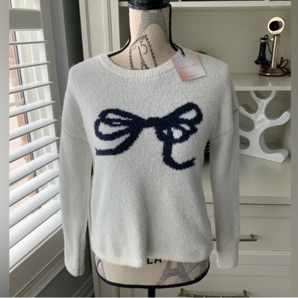 White Sweater with Navy Bow